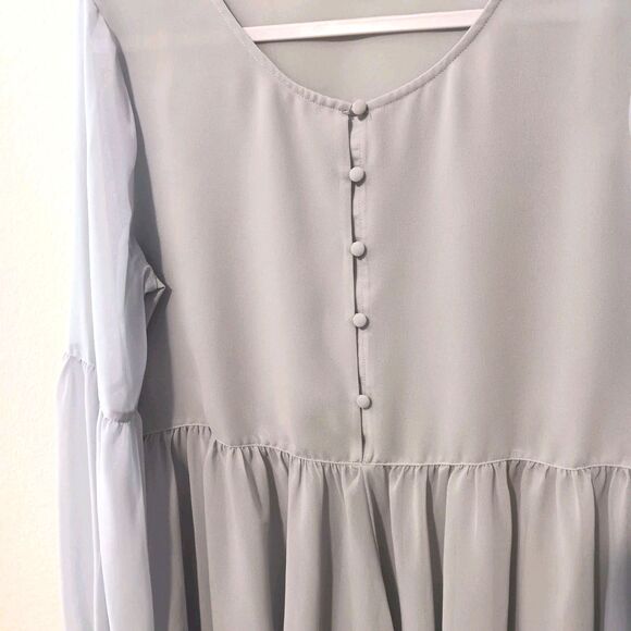 Halston Light Blue Sheer Blouson Sleeve Peplum Blouse Sz M - Picture 3 of 10